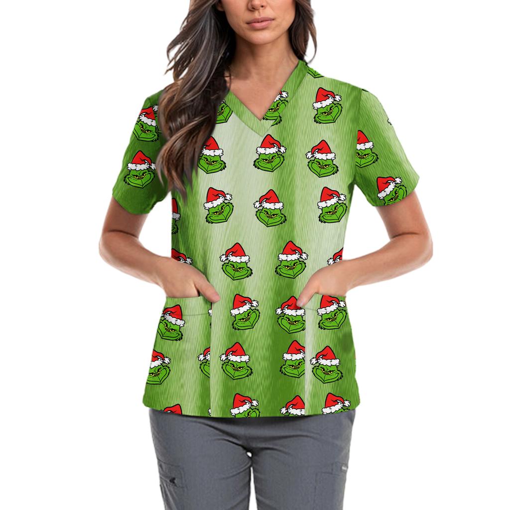 Женская милая блузка с принтом бантиков, рабочая одежда, V-образный вырез, двойной слой, карманы, базовая, с коротким рукавом, пуловер