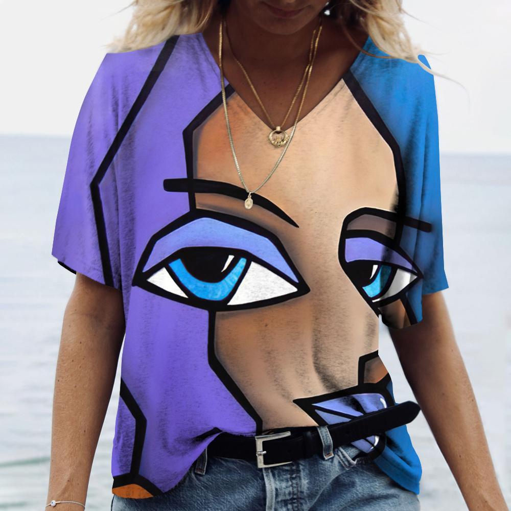 Винтажная женская футболка с V-образным вырезом, модный топ с абстрактным принтом лица 3D, уличный стиль, короткий рукав, футболка
