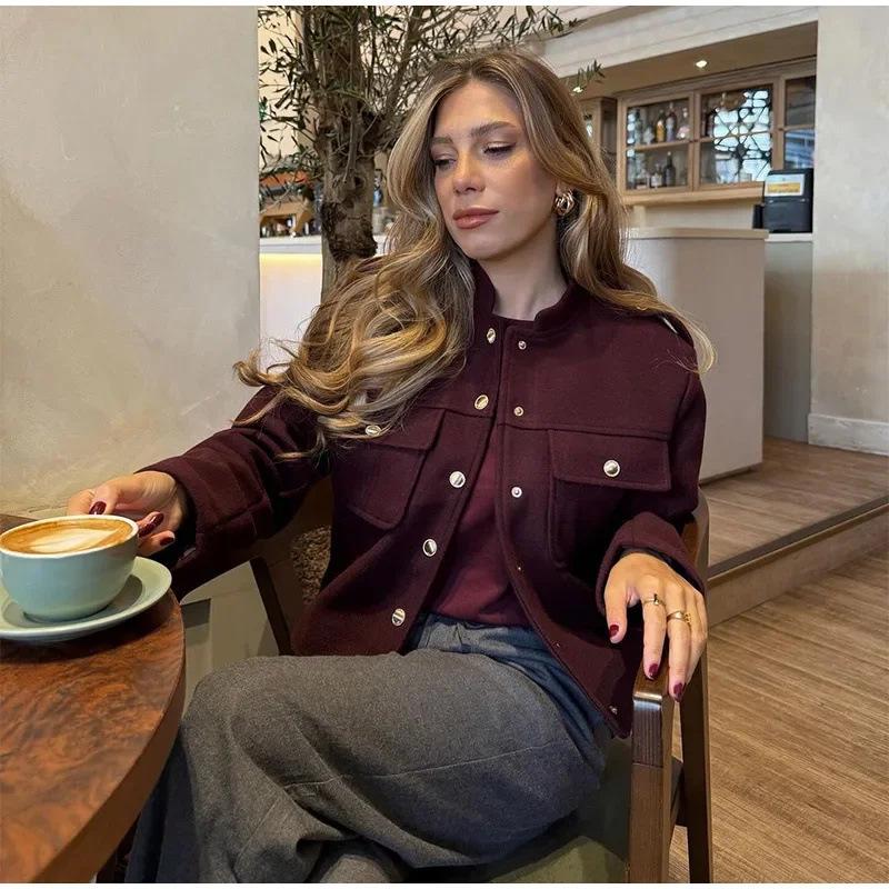 Стильная женская двубортная короткая куртка в ретро-стиле с воротником-стойкой в европейском и американском стиле