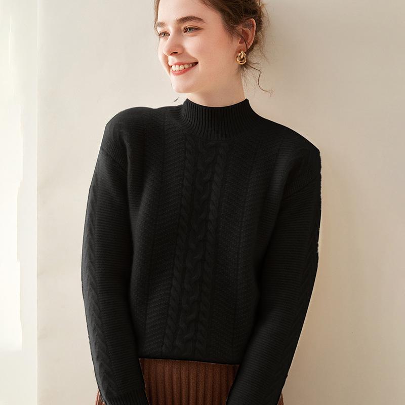 Женский кашемировый пуловер с полувысоким воротом и длинными рукавами - Однотонный, Повседневный, Свободный, Утепленный для осени/зимы.