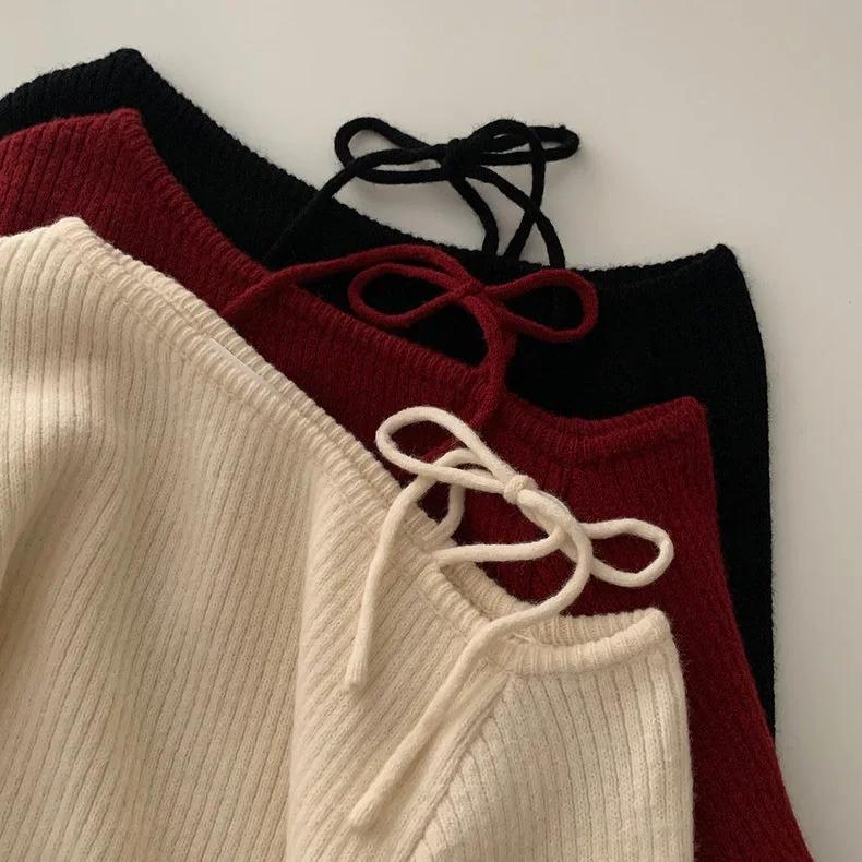 Скошенный воротник завязанный нерегулярный пуловер женские длинные рукава трикотажные топы осень зима корейская мода красные ретро свитера