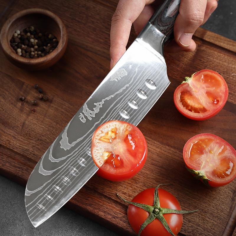 Damascus Steel Pattern Chef Knife Japanese Santoku Knives Butcher Cutting Meat Double-sided Magnetic Knife Block