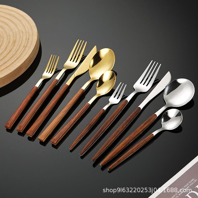 Stainless Steel Western Cutlery Set with Wood-Style Handles - Knife, Fork, Spoon, Steak Knife, Dessert Spoon, Titanium Plated
