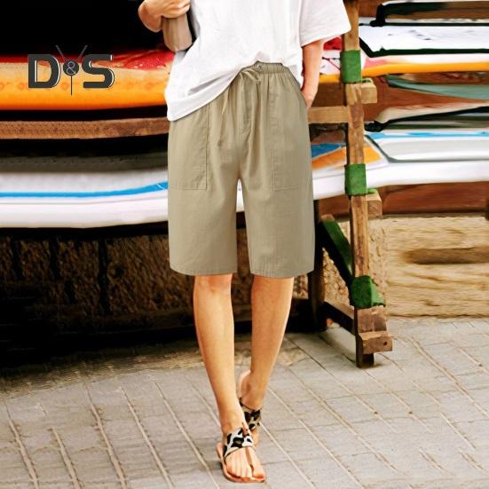 Женские летние шорты из хлопка и льна, повседневные шорты с широкими штанинами, завязывающиеся на шнурок, с карманами, длиной до колена для отдыха на пляже