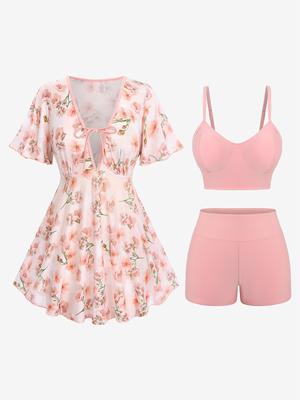 Rosegal Fashion Ombre Peach Blossom Print Plunging Bowknot Tied Beach Cover Up Solid Boyleg 3 Pieces Tankini Купальник