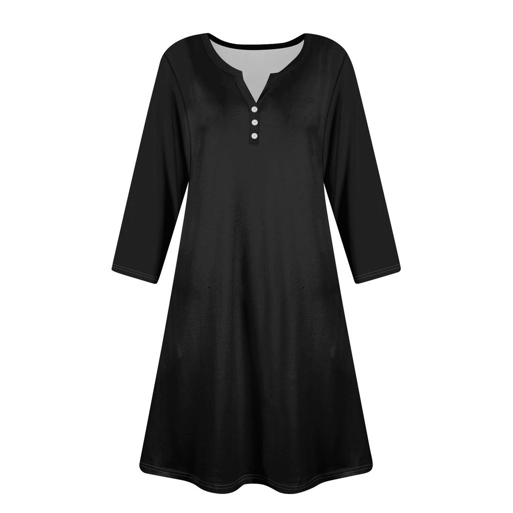 Women's Summer Dress Loose V Neck Three-quarter Sleeve Sundress With Pockets Dress