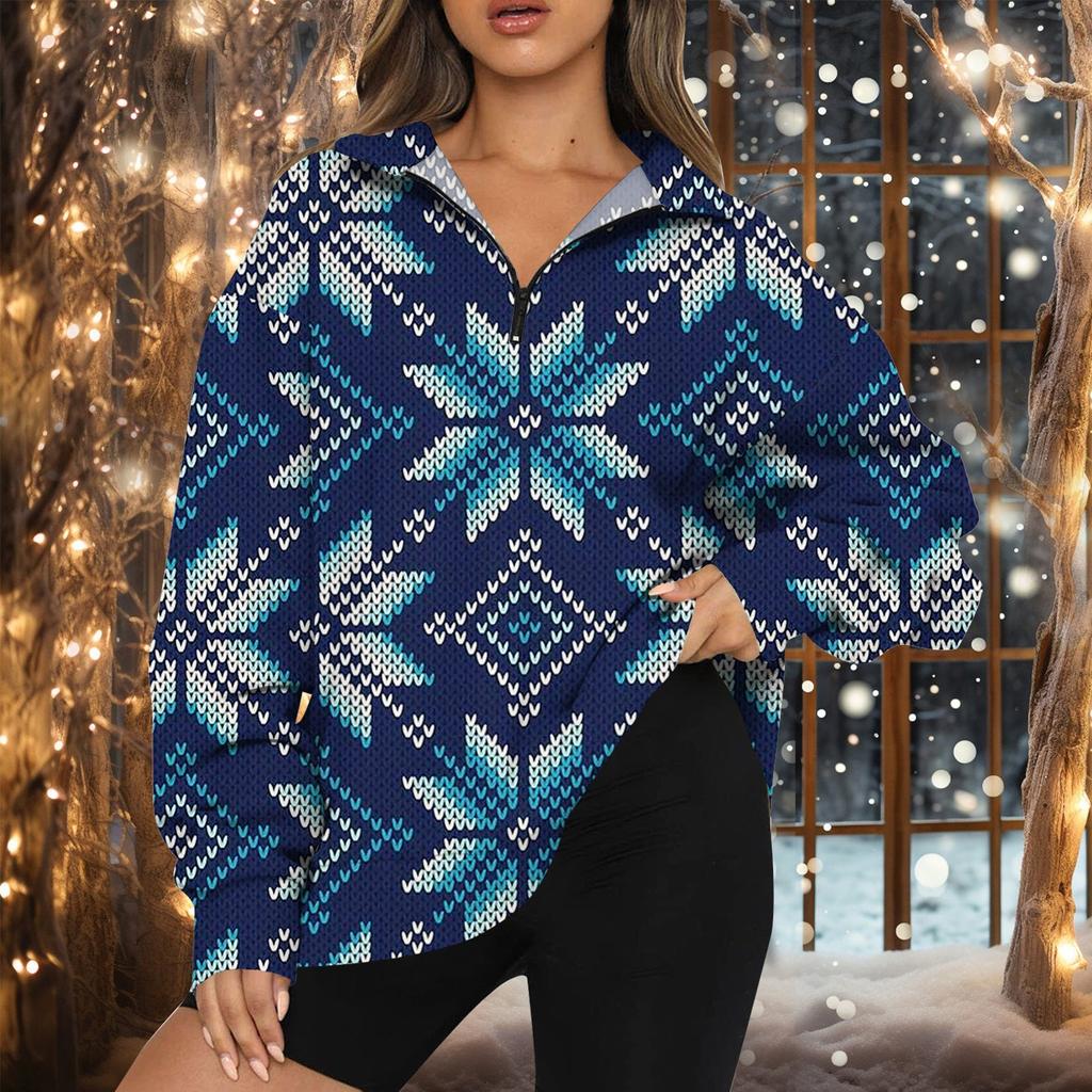 Women's Fashion Casual Long Sleeve Printed Zipper Turtleneck Drop Shoulder Sweatshirt Top