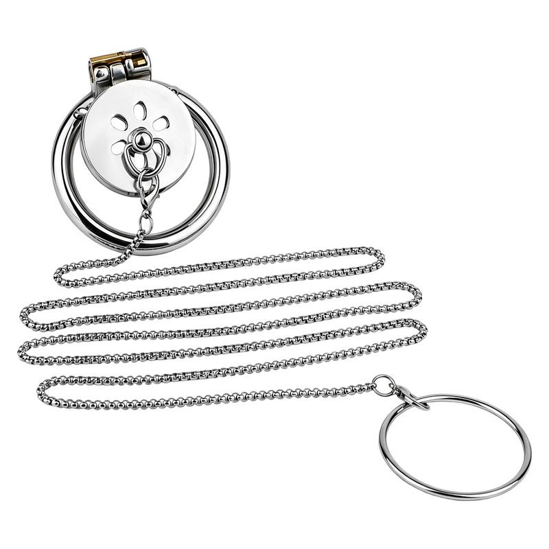 LEZEE Metal Flat Chastity Cage With Long Pull Chain Cock Ring BDSM Male Penis Cages Device Leash Chain BDSM Urethra Penis Rings