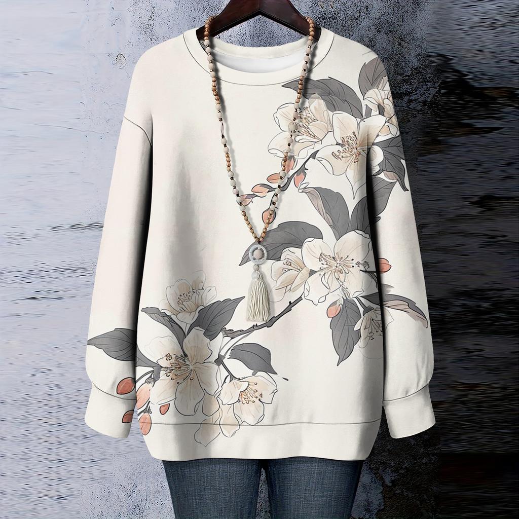 Женская футболка с цветочным принтом, круглым вырезом и длинными рукавами, свитшот