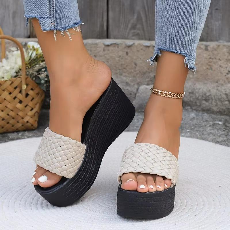 Fashionable High-heeled Slippers, Summer Solid Color Wedge Heels, Elegant and Comfortable Thick-soled Women's Shoes, Large Size