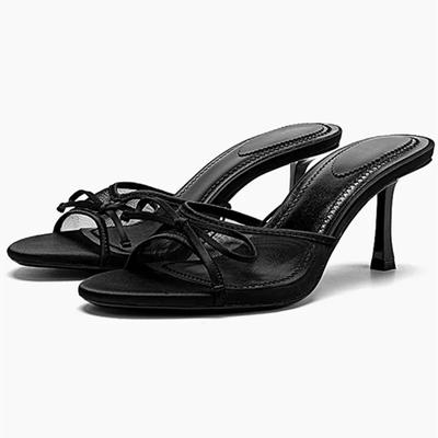 Модные роскошные брендовые дизайнерские женские тапочки, сексуальные сетчатые туфли с открытым носком, на тонком высоком каблуке, элегантные босоножки с бантом, летние туфли-слайды