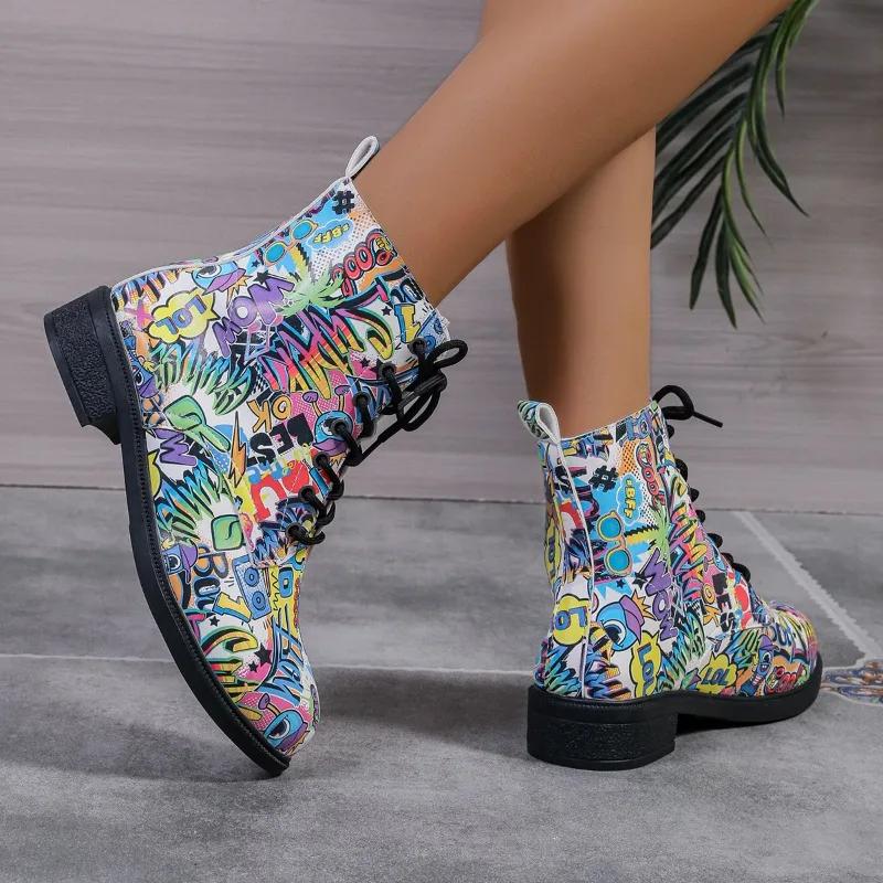 Модные осенние новые массивные одинарные ботинки женские модные круглые с принтом спереди на шнуровке противоскользящие износостойкие короткие ботинки
