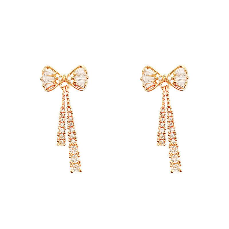 Korean Trendy Bow  Drop Earrings For Women Luxury Sparkling Cubic Zirconia Long Tassel Earrings Jewelry Gifts