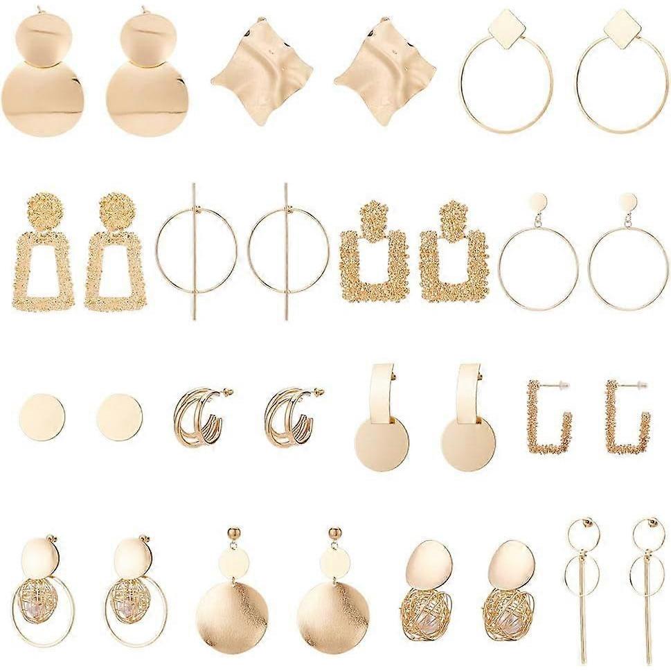 15 Pairs Geometric Drop & Stud Earrings Set, Gold Disc, Square, Circle Dangle Earrings, Wedding Hoop Earrings for Women