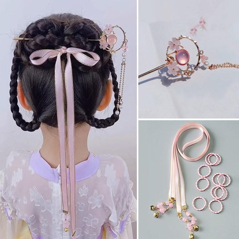 Children's Hairpin Ancient Style Headwear Hanfu Headwear Ribbon Tie Set A Complete Set of Girls' Hanfu Headwear