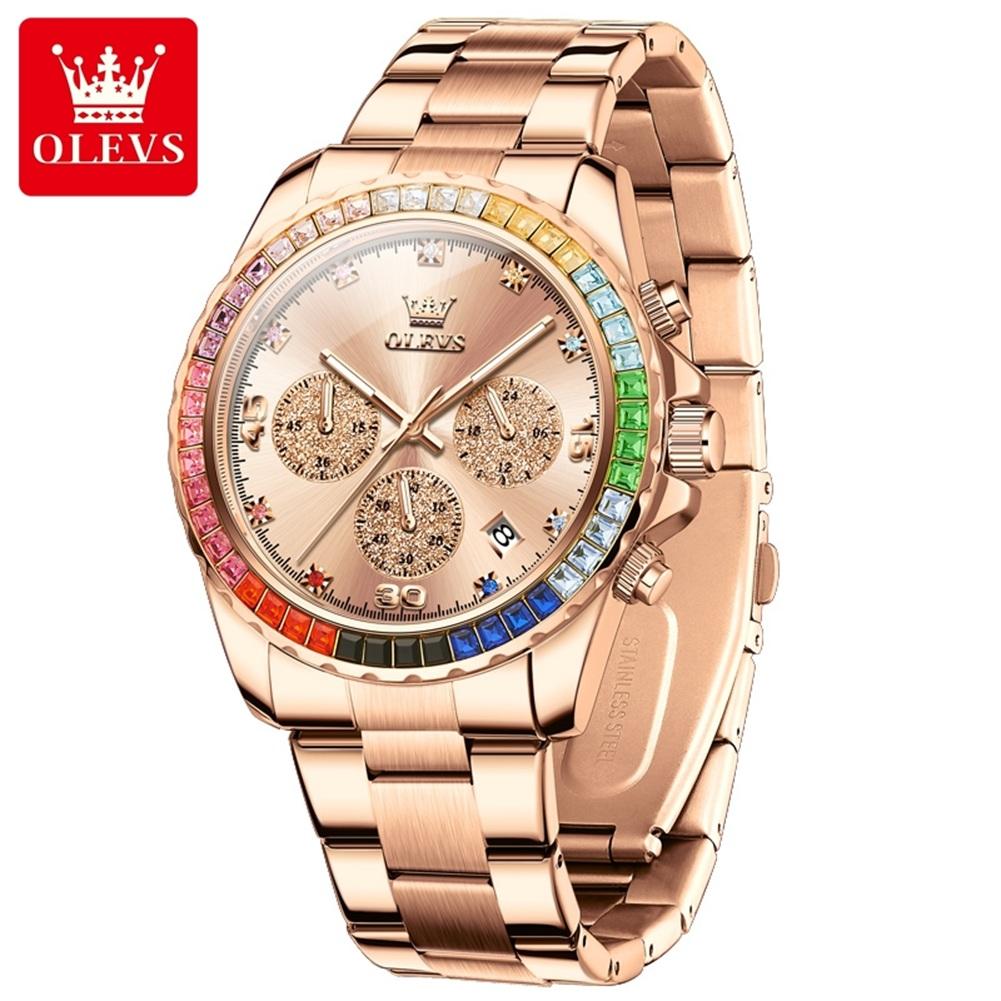 OLEVS Man Watch Luxury Rainbow Diamond Bezel Chronograph Date Luminous Waterproof Stainless Steel Gold Quartz Wristwatches 2939