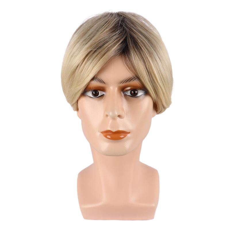 Synthetic Ombre Grey Men Haircut Short Straight Male Wigs with Side Parting Bangs Cosplay Smooth Natural Heat Resistant