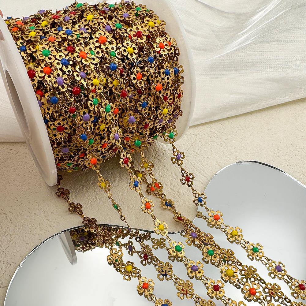 1Meter Stainless Steel Chain Colorful Enamel Daisy Flower Beaded Charm Paper Clip Chain for DIY Jewelry Making Necklace Bracelet