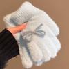 Women Fuzzy Thermal Gloves Fluffy Winter Thick Full Finger Gloves with Bows Solid Color Cute Warm Plush Gloves for Girls Cycling Daily Errands