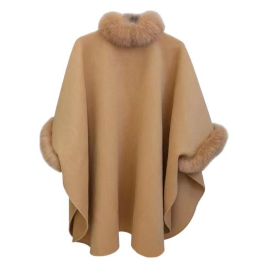Женское зимнее пальто-накидка с рукавами «летучая мышь» Толстая шаль Свободный воротник-стойка Однотонный декор из искусственного меха Теплая повседневная одежда для работы и отдыха на открытом воздухе Пончо