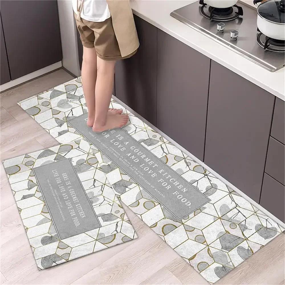 2 Pcs Kitchen Rug Set Non-Slip Oil Proof Washable Black White Diamond Print Floor Mats for Kitchen Sink Laundry Room