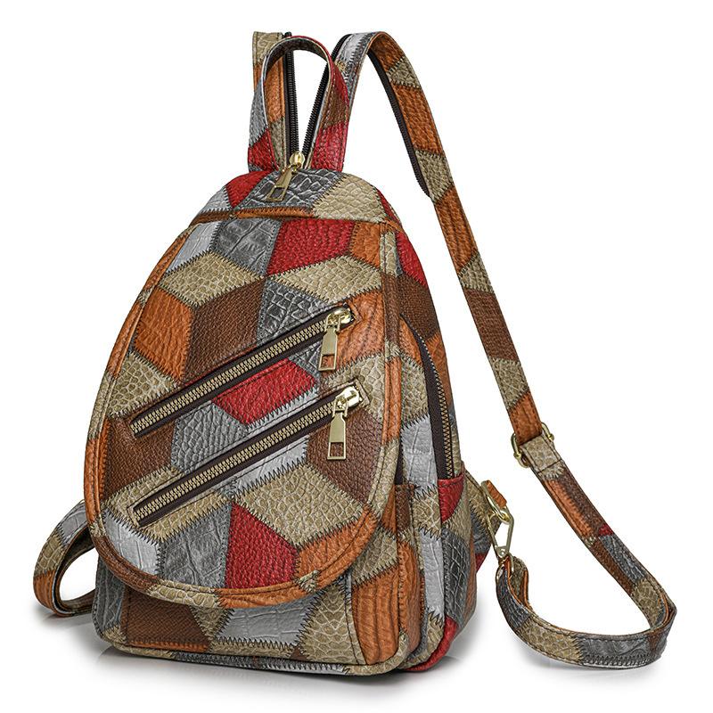 Нагрудная сумка с цветными блоками, женский рюкзак из мягкой кожи, уличный дорожный рюкзак с двойной молнией
