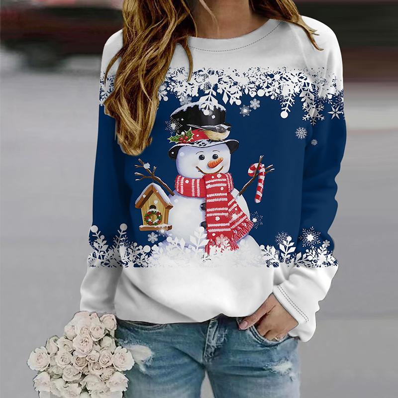 Голубые футболки со снеговиком с 3D принтом, женские топы, пуловер с длинными рукавами и круглым вырезом, женские футболки, футболка для женщин