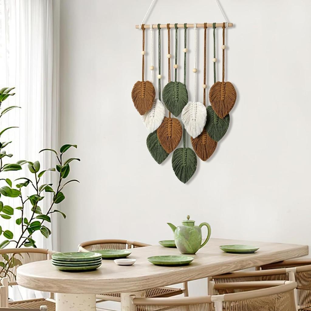 Настенное украшение в богемном стиле, ручное ткачество, декоративный гобелен, гобелен с деревянными бусинами и листьями, украшение стены спальни