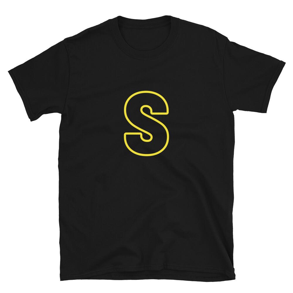 Letter S Yellow Bold Font Simple Black T-Shirt