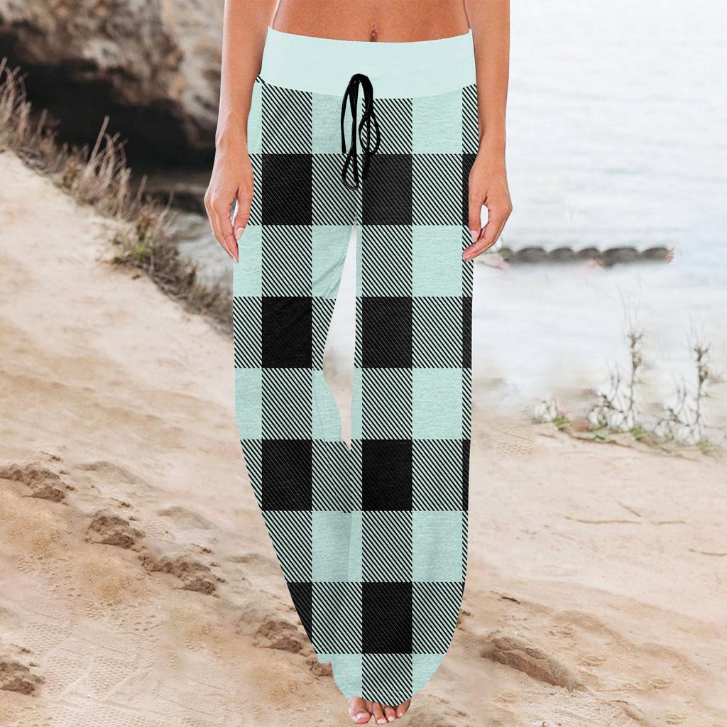 Женские удобные пижамные штаны с карманами, клетчатым принтом, широкими штанинами и завязками