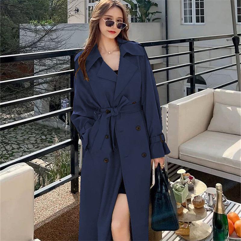 Women's Mid-Length Black Trench Coat - Korean & British Style, Plus Size & Petite, Over-the-Knee, Perfect for Spring & Autumn 2025