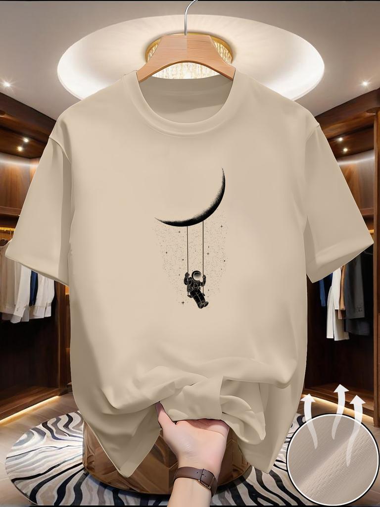 Summer Unisexs Casual Loose Plus Size Moon Landing Pattern Printed Round Neck Short Sleeved Tshirt Top