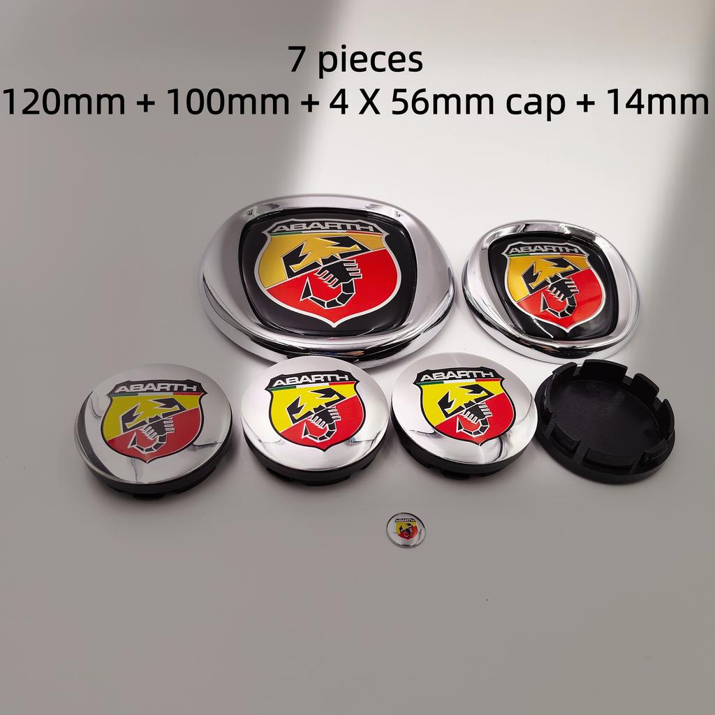 7pcs fiat Abarth Car Hood Front Bonnet Grill Rear Trunk Emblem Logo Badge 85/95/100/120mm Car Wheel Center Caps Hubcap Cover