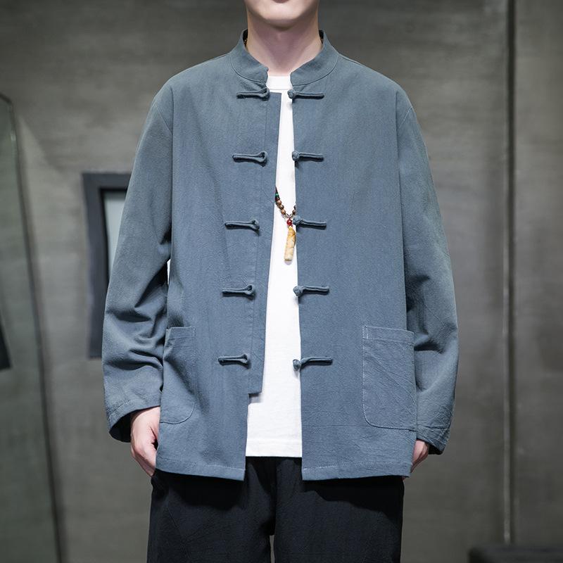 Мужская китайская ретро рубашка Тан с длинным рукавом - Однотонная, свободного стиля костюма для чаепития
