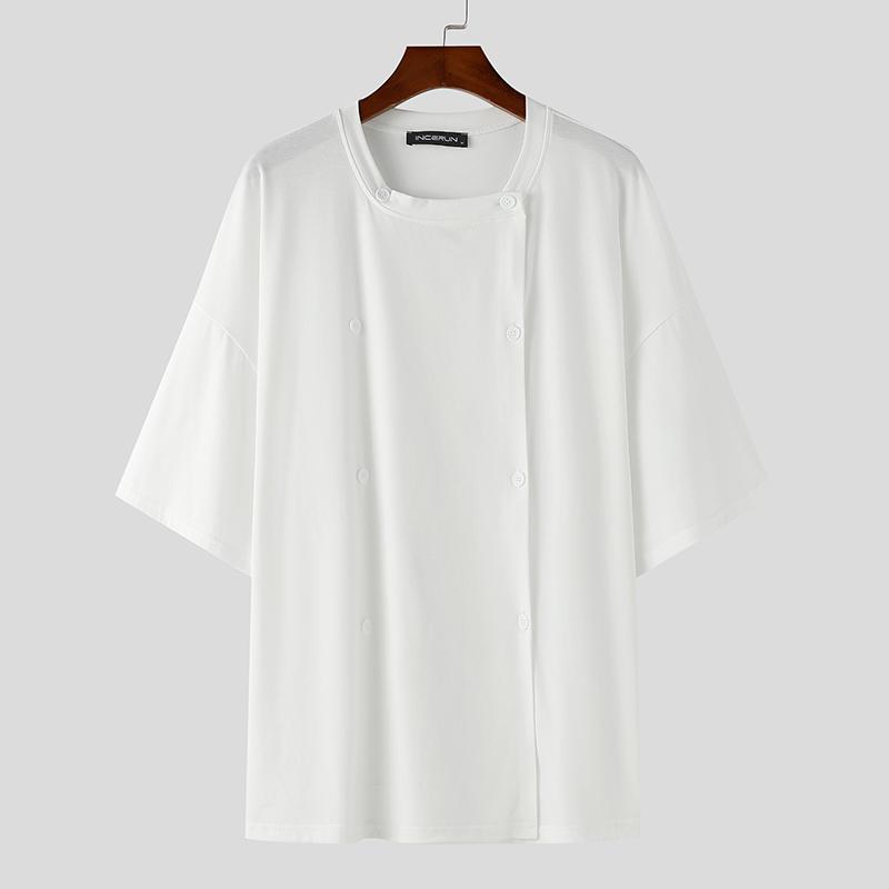 INCERUN Большие летние мужские квадратные воротники с коротким рукавом, регулируемые пуговицы, повседневные свободные топы, футболки