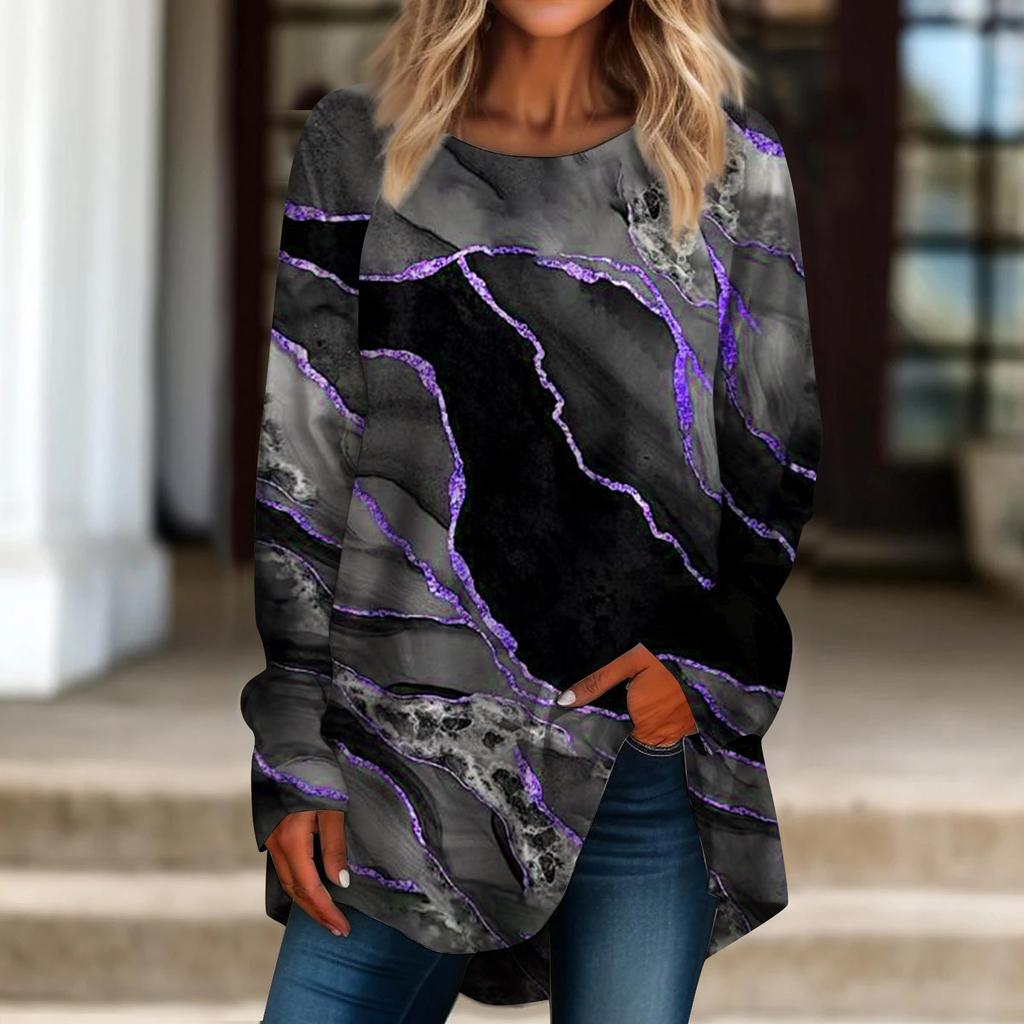 Женская повседневная футболка больших размеров с длинным рукавом и круглым вырезом в стиле ретро, ​​пуловер