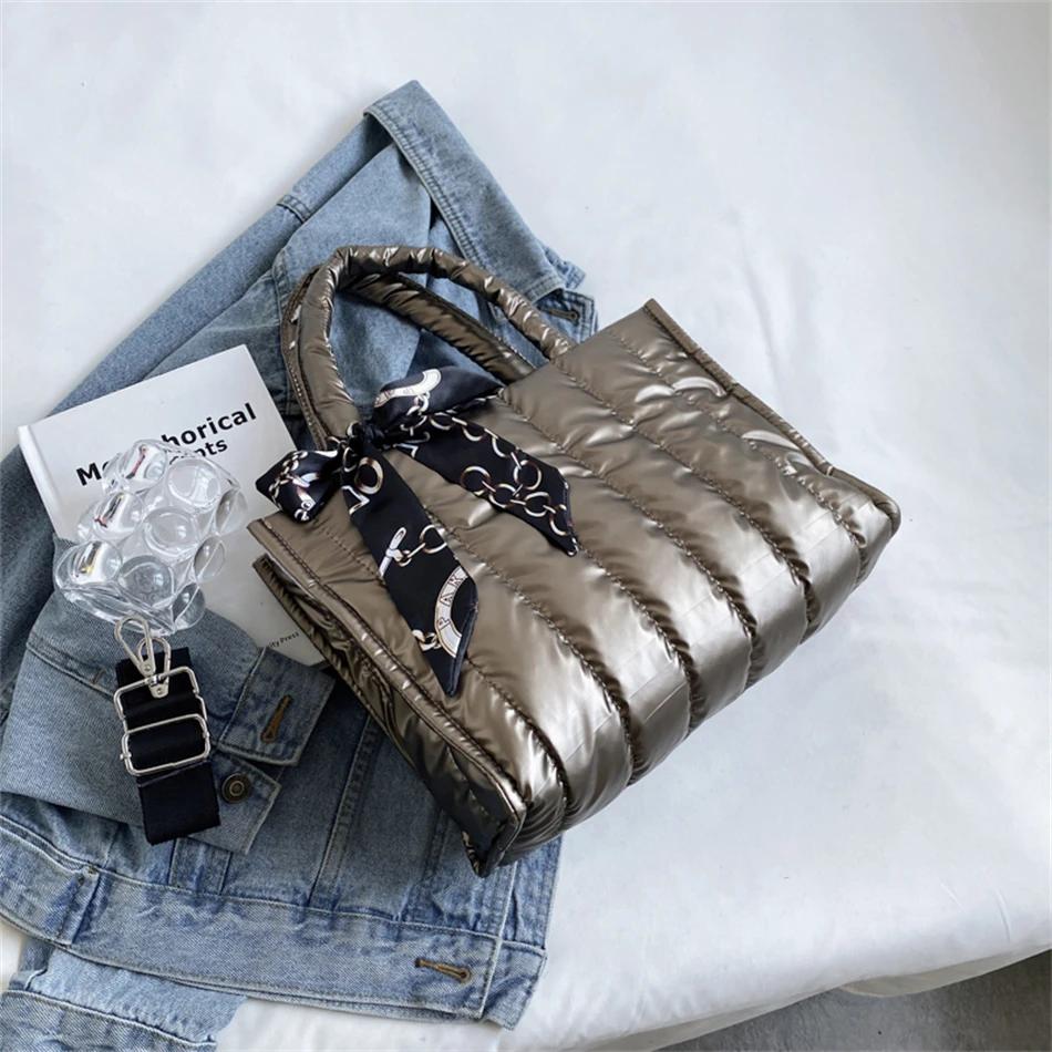 Elegant Women's Totes Bags with Silk Scarf Accent Winter Quilted Crossbody Bags for Women Casual Solid Color Padded Shoulder Bag