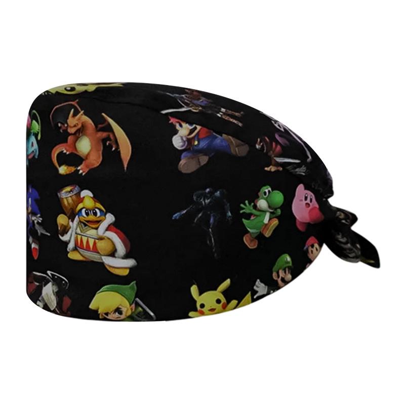 Unisex Cartoon Print Nurse Cap - Breathable, Sweat-Absorbent Surgical Cap for Pet Hospital and Medical Use.