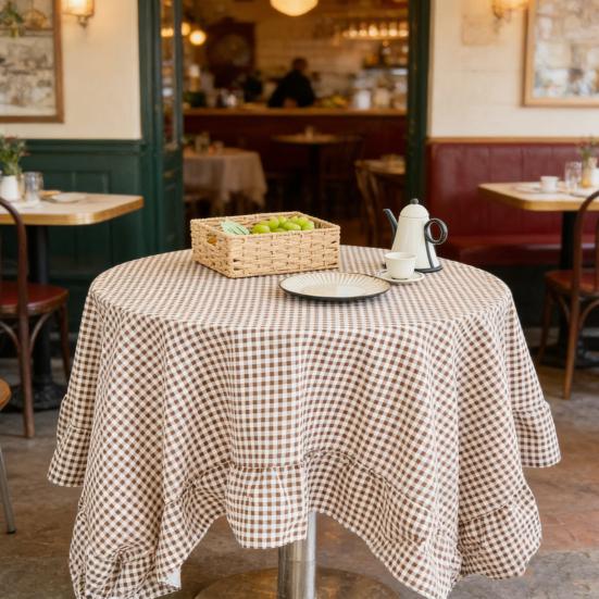Tablecloth Farmhouse Style Plaid Pattern Ruffled Edge Tablecloth Round Shape Soft Cotton Linen Fabric Cloth Table Cover