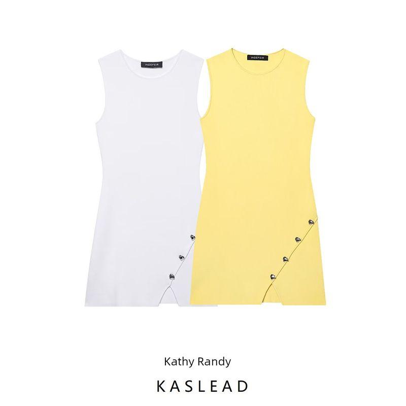 Kaslead New Women Clothes Western Style Irregular Decorated Row Button Knitted Dress 9598102 300