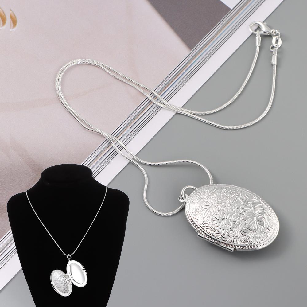 Fashion Sanke Chain Women’s Necklace Photo Locket Round Box Pendant Silver Plated