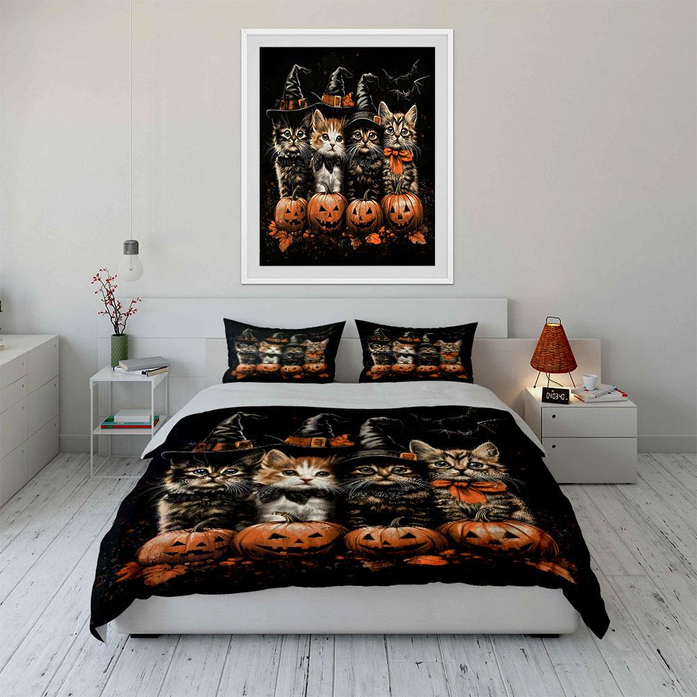 Halloween Cats Pumpkin Decoration Set Bedding Set with 1 Duvet Cover 2 Pillowcases Single Double King Queen, Gift