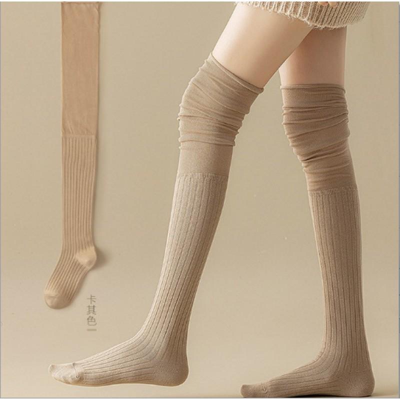 Womens Thin Solid Color Over-the-Knee Socks With Ruched Layering Design Cotton Blend Casual Long