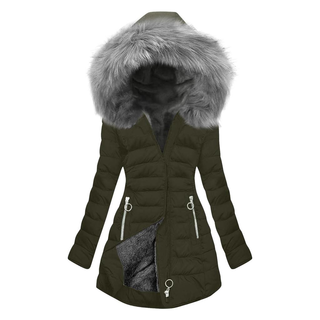 Women Hooded Plus Velvet Corduroy Coat Ladies Winter Cotton Coat Thickened Mid Length Warm Jacket