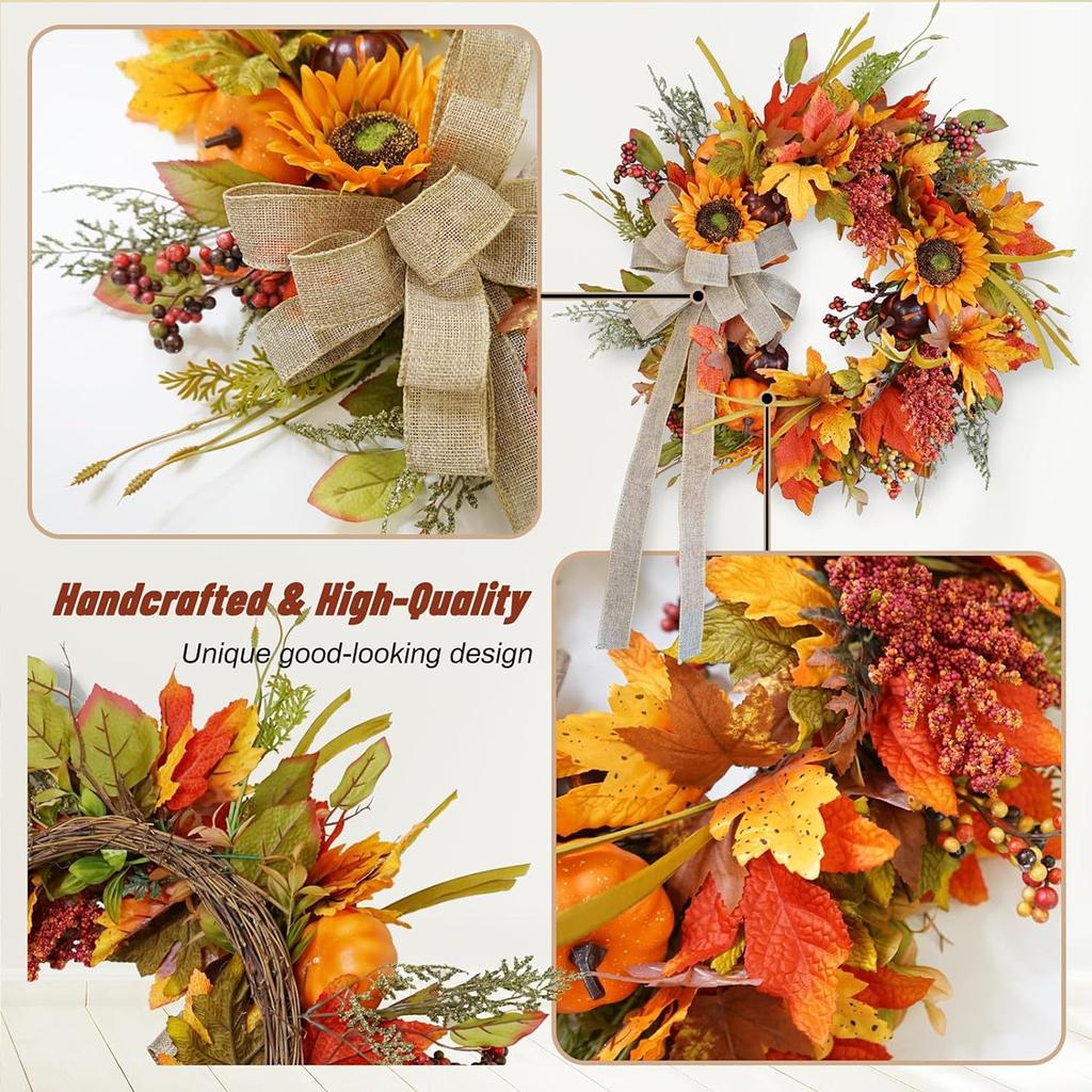  Sunflower Artificial Wreath With Bow For Fall Thanksgiving Door And Home Décor