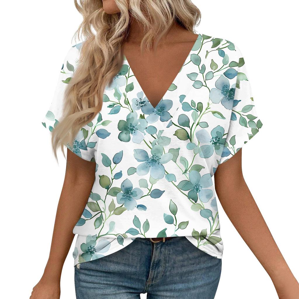 Women's Short Sleeve Shirts V Neck Print Tops Casual Tops Basic Tees Blouse Loose Tops