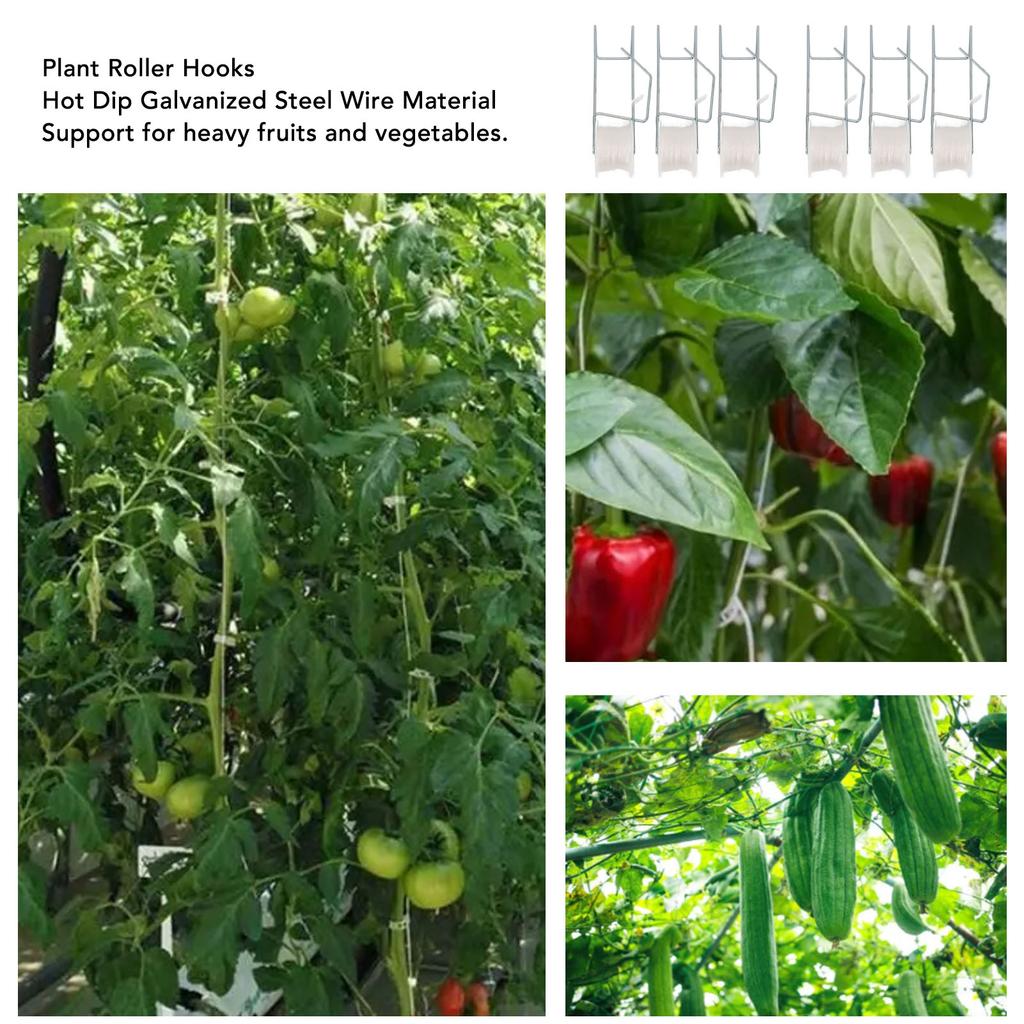 6 шт. Роликовые крючки для растений с 49,2 футами шпагата, оцинкованная стальная проволока, стабильная поддержка, шпагат для цветочной лозы, набор для шпалер для растений для теплицы, фермы