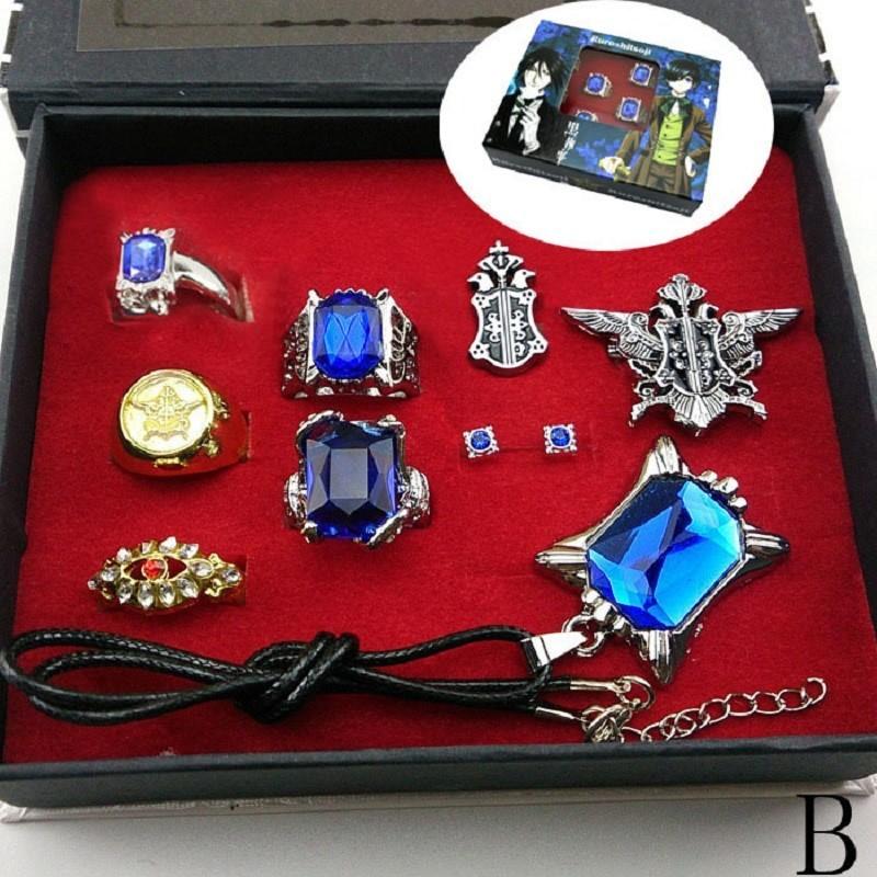 Stunning Black Butler Kuroshitsuji Ciel Phantomhive Cosplay Rings Necklace And Ear-nail Set For Fashion Enthusiasts