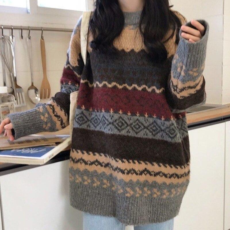 Vintage Sweaters Women Pullover Winter Striped Jumpers Korean Style Oversized Sweater Knitwear Casual Loose Pullover Pull Femme