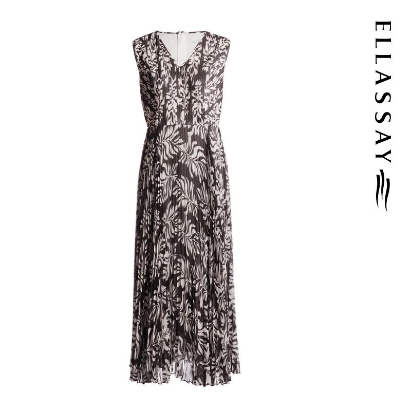ELLASSAY French V-Neck Printed Pleated Sleeveless Midi Dress